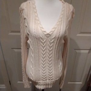 Long, V-Neck, Cable Knit Off White Pullover Sweater MEDIUM 100% Cotton